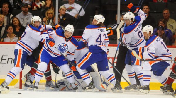 NHL Edmonton Oilers all five skaters protecting goalie